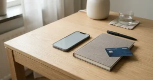 Mobiltelefon bredvid ett anteckningsblock och ett bankkort på ett ljust skrivbord
