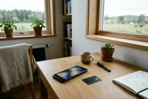 Mobil och neutralt betalkort på ett bord intill en bärbar dator