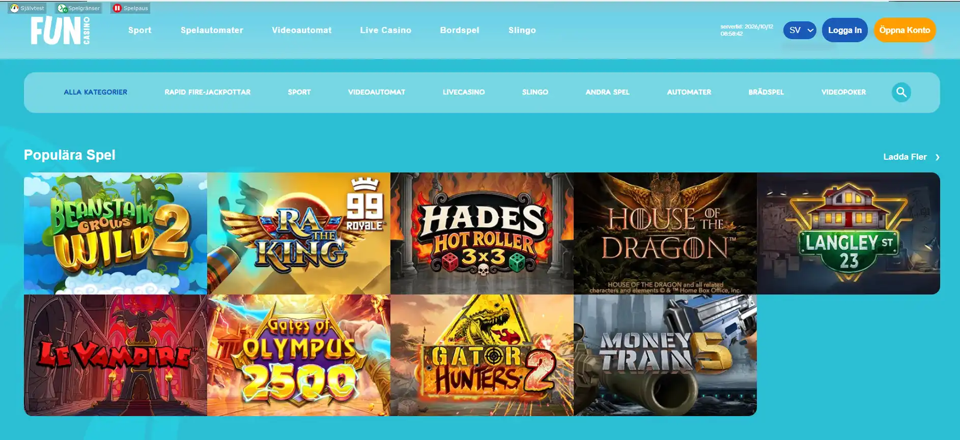 Skärmbild av Fun Casinos webbplats med spelutbud och navigering